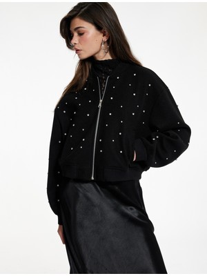 Koton Uzun Kollu Cepli Kolej Yaka Fermuarlı Crop Taşlı Kaşe Bomber Ceket