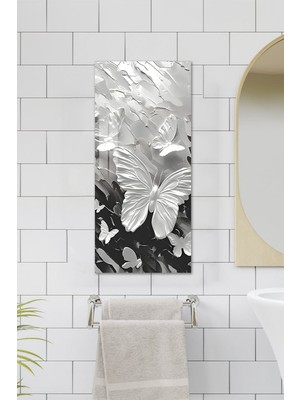 KutuTR Siyah Beyaz Kelebekler Temalı Temperli Cam Dik Tablo 30X60 cm Ebadında Uv Baskı - DCT044