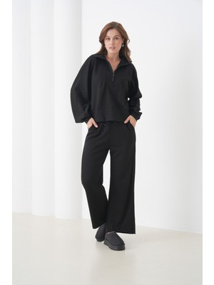 Mamayaga Kadın Oversize Fermuarlı Kapüşonlu Sweatshirt Geniş Paça Tesettüre Uygun Spor Şık Eşofman Takımı