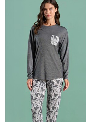 Pijadore Kadın Uzun Kollu Bisiklet Yaka Göğüste Cep Detaylı Siyah Renk Pijama Takımı C4T7N91