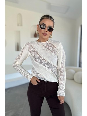 Eswomes Çiçek Kabartma Transparan Bluz Ekru