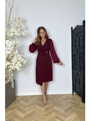 G1571 Şifon Kol Düğme Detaylı Elbise Bordo