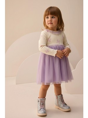 Minipodyum Fiyonk Baskılı Yaka Detaylı Tüllü Kız Çocuk Elbise