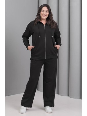 Şans Kadın Büyük Beden Siyah, Biye Detaylı, Kapüşonlu Eşofman Takım 65N39229