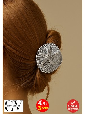 Deniz Yıldızı ve Deniz Kabuğu Tasarımlı Metal Mandal Saç Tokası Gümüş Renk 5 cm  – Zarif ve Şık Aksesuar