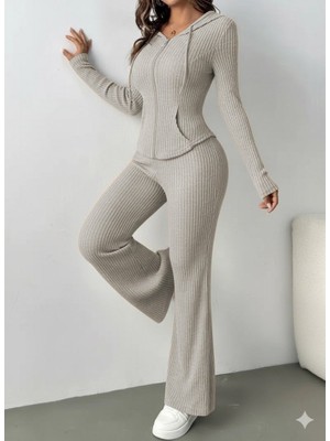 Arben Boutique Kadın Uzun Kollu Kapşonlu Önden Fermuarlı Kaşkorse Bluz ve Pantolon Ikili Takım