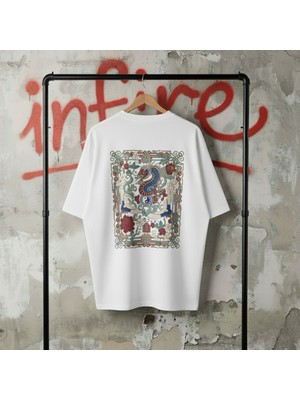 İnfire Clothing Etnik Baskılı Beyaz Unisex Bisiklet Yaka Pamuk Oversize T-Shirt