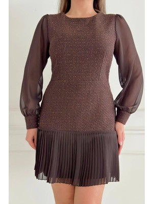 Zishan Fashion Etek Ucu Piliseli Şanel Kumaş Uzun Kollu Midi Boy Modern Tasarım Kadın Elbise 021