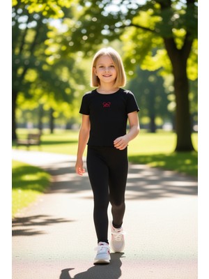 PayBuy Kız Çocuk Pamuklu Nakışlı Bisiklet Yaka Kısa Kollu Üst ve Flare Paça Tayt Takımı Kaliteli Şık