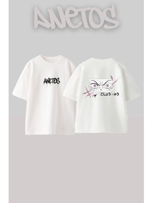 Anetos Demon Slayer 3 Tasarım Sırt Baskılı Pamuk Beyaz Oversize T-Shirt