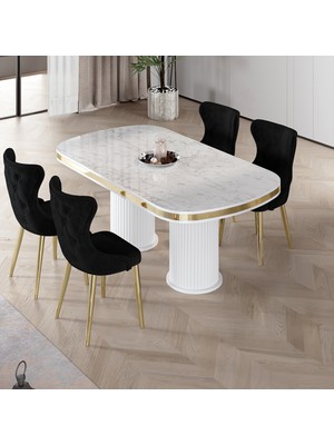 Canisa Galya Serisi Lak Panel 90X168 Sabit Beyaz Mermer Desen Mutfak Masa Takımı 4 Sandalye