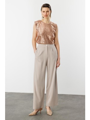 Accort Beli Lastikli Bol Paça Pantolon-Bej