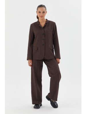 Çizgili Ceket Pantolon Takım Kahve