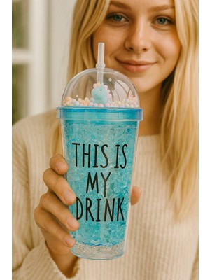 biton  cool temalı buzlu cam görünümlü mavi suluk pipetli  450 ml çift katman mika su şişesi 2742