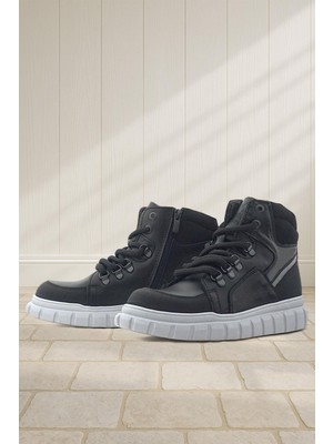 Rakerplus Hakiki Deri Siyah Gri Fermuarlı Erkek Çocuk Bot