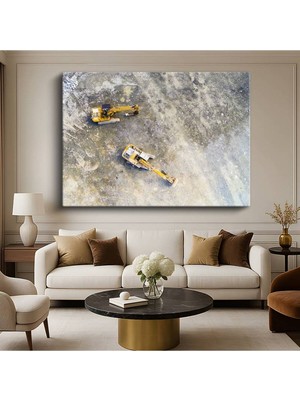 Iş Makineleri Havadan Görünüm Kanvas Tablo Inşaat Ekipmanları Sarı Filo Tablo