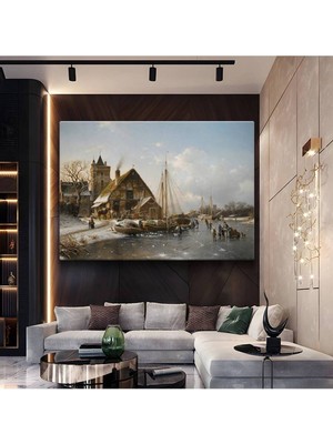 Gülsen Art Andreas Schelfhout Kış Manzarası Tekneler Kanvas Tablo Duvar Tablosu Dekoratif Ressam Tablosu