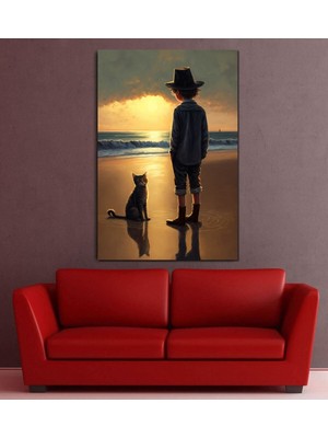 Gün Batımı Erkek Çocuk ve Sahıl Manzaralı Hd Dijital Baskı Dikey Kanvas Tablo Oturma Odası Dekor