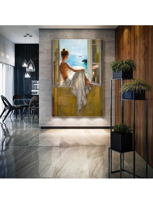Pencerede Oturan Beyaz Elbiseli Model Deniz Manzarası Dikey Hd Baskı Kanvas Tablo