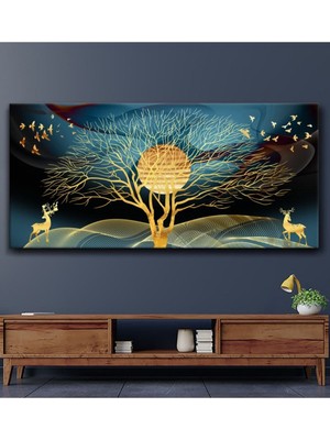 Sürreal Hayat Ağacı ve Geyikler Hd Dijital Baskı Yatay Panoramik Kanvas Tablo Dekoratif