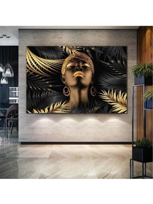Altın Küpe Siyahi Gold Yaprak Hd Dijital Baskı Yatay Kanvas Oturma Odası Dekoratif Tablo