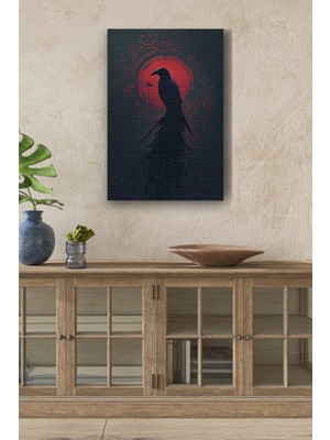 Gülsen Art Kırmızı Halka Önünde Karga Yağlı Boya Görünümlü Hd Dijital Baskı Dikey Kanvas Tablo 22
