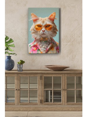 Gülsen Art Modernist Kıyafet Giymiş Kedi Yağlı Boya Görünümlü Hd Dijital Baskı Dikey Kanvas Tablo