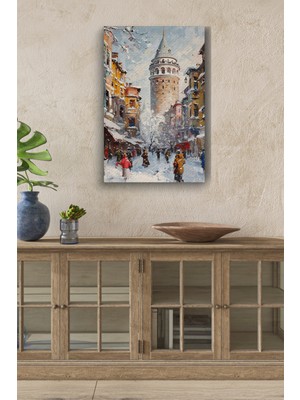Gülsen Art Kış Mevsiminde Galata Kulesi Yağlı Boya Görünümlü Hd Dijital Baskı Dikey Kanvas Tablo 4242