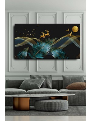 Gülsen Art Dekoratif Soyut Altın Geyik ve Kuşlar Sürreal Kanvas Duvar Tablosu Hd Dijital Baskı Yatay Panoramik