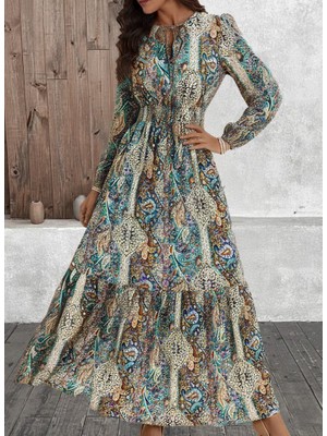 Melen Moda Kadın Uzun Kollu Uakadabağcıklı Beli Lastikli Desenli Uzun Süprem Elbise