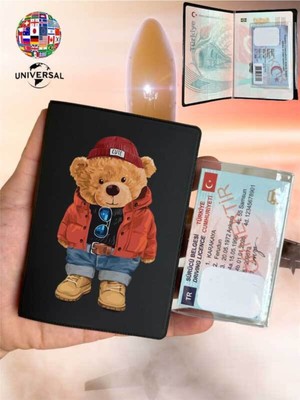 Nurdic Teddy Bear Desenli Deri Pasaport Kılıfı Kabı Pürüzsüz Yüzey Tüm Ülke Pasaportlarına Uygun