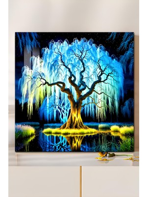 KutuTR 3D Görünümlü Temperli Cam Tablo – Işıklı Mavi Söğüt Ağacı Uv Baskı 33X33 CM-CTK074