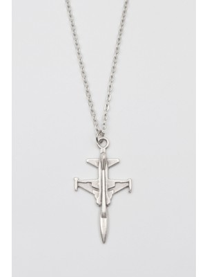 IDR Modern F-5 Tiger Uçak Kolye - Düz Ezme İthal Zincirli Unisex Gümüş Kaplama - 60 cm
