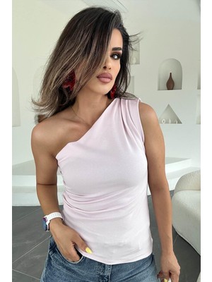 Eswomes Asimetrik Kesim Büzgü Detay Tek Kol Bluz Şeker Pembe
