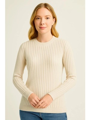 Kadın Bisiklet Yuvarlak Yaka Triko Kazak Pamuklu Kalın Fitilli Dokuma, Regular Fit Uzun Kollu Kışlık Model - Bej