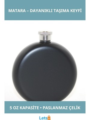 Letsii Paslanmaz Çelik Yuvarlak 5 Oz Tekli Matara Siyah Renk