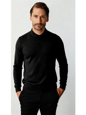 İGS Siyah Standart Fit Dar Kalıp Polo Yaka Düz Uzun Kollu  Triko