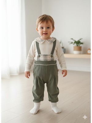Şimo Butik Bayramlık Ekose Bebe Yaka Kareli Askılı Salopet Takım Fitilli Kadife Tulumlu