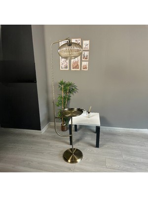 Bamyum Solvia Cam Bal Rengi Eskitme Düz Gövde Tepsili Lambader Modern Oturma Odası