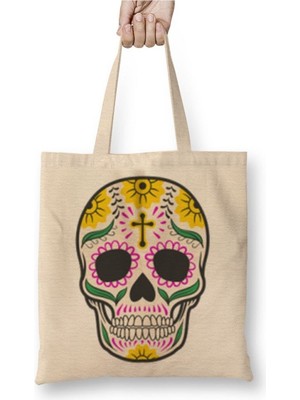 Toyaso Desenli Kuru Kafa Beyaz Bez Çanta Uzun Saplı Alışveriş Çantası Plaj Çantası