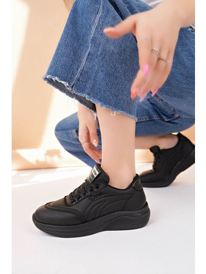 Zerenyus Yexo Premium Süper Ortopedik Bağcıklı Siyah Kadın Sneaker