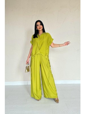 Hariqa Yağ Yeşili Önü Pileli Ikili Keten Takım