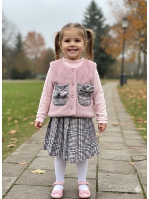 Şimo Butik Bayramlık Kız Çocuk Üçlü Takım (Peluşlu Yelek+Pamuklu Bluz+Kaşe Etek) Şık Kışlık Pembe