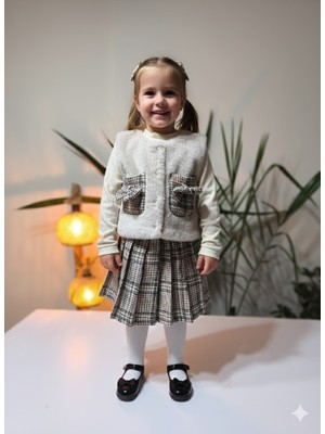 Şimo Butik Bayramlık Kız Çocuk Üçlü Takım (Peluşlu Yelek+Pamuklu Bluz+Kaşe Etek) Şık Kışlık Taş Rengi