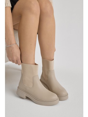 Tonny Black Kadın Bej Cilt Kalın Termo Taban Lastik Boğazlı Bot