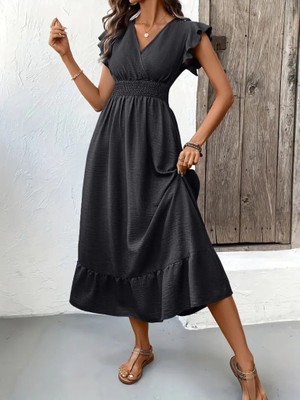 Hariqa Kadın Kısa Kelebek Kollu Kruvaze Yakalı Beli Lastikli Aerobin Elbise