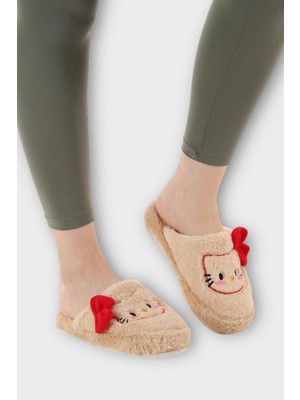 Liger Hellokitty Figürlü Sıcak Tutan Kışlık Kadın Ev Terliği Bej - Kırmızı