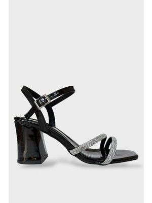 Liger Kadın Çift Bantlı Taş Detay Topuklu  Ayakkabı Siyah
