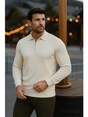 Comstar Erkek Günlük Uzun Kollu Krem Polo Yaka Kazak