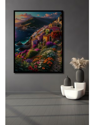Teona Ahşap Çerçeve Görünümlü Rüya Gibi Renkli Akdeniz Kasabası Dekoratif Ahşap Mdf Tablo Dikdörtgen Tablo